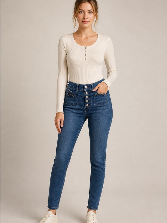 Express Denim - Express High-Rise Button-Fly Jeans in Dark Blue Denim